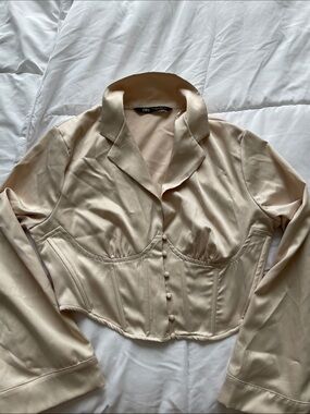 Zara Satin Corset-Style Button Front Blouse in Champagne